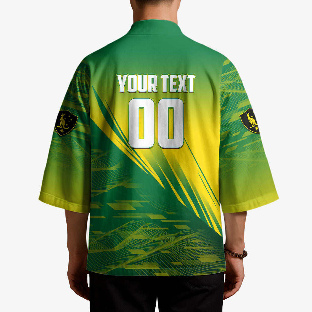 Personalized Socceroos Sport Kimono Green Gold Dynamic Wave Pattern