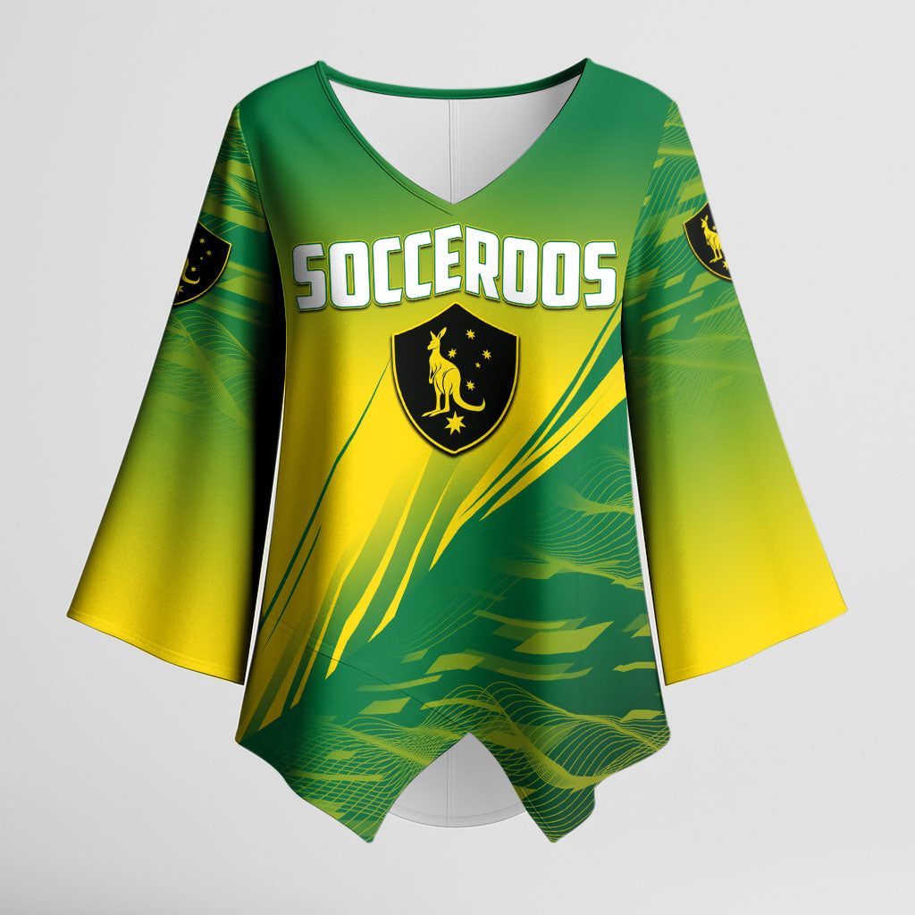Personalized Socceroos Sport Kimono Sleeve Blouse Green Gold Dynamic Wave Pattern