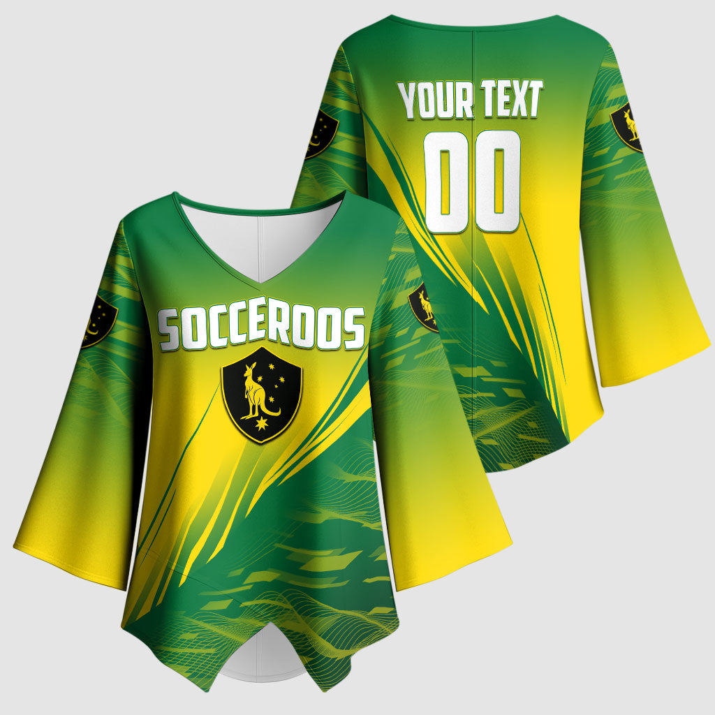 Personalized Socceroos Sport Kimono Sleeve Blouse Green Gold Dynamic Wave Pattern