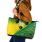 Personalized Socceroos Sport Leather Tote Bag Green Gold Dynamic Wave Pattern