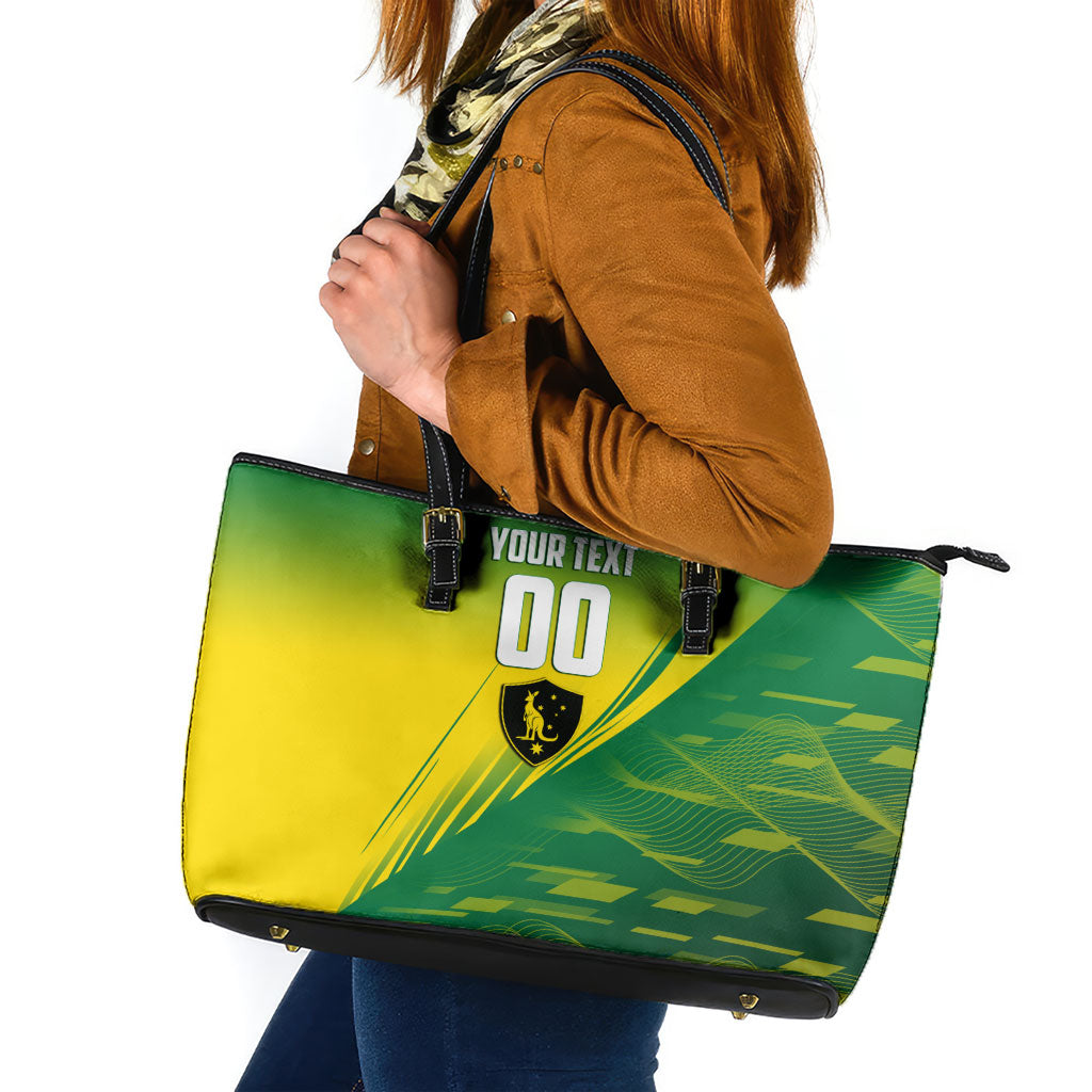 Personalized Socceroos Sport Leather Tote Bag Green Gold Dynamic Wave Pattern