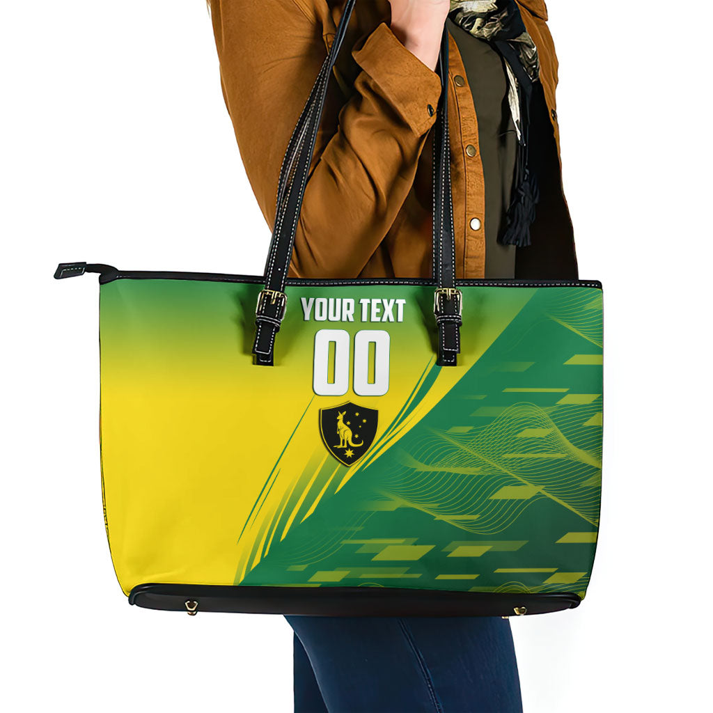 Personalized Socceroos Sport Leather Tote Bag Green Gold Dynamic Wave Pattern