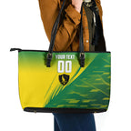 Personalized Socceroos Sport Leather Tote Bag Green Gold Dynamic Wave Pattern