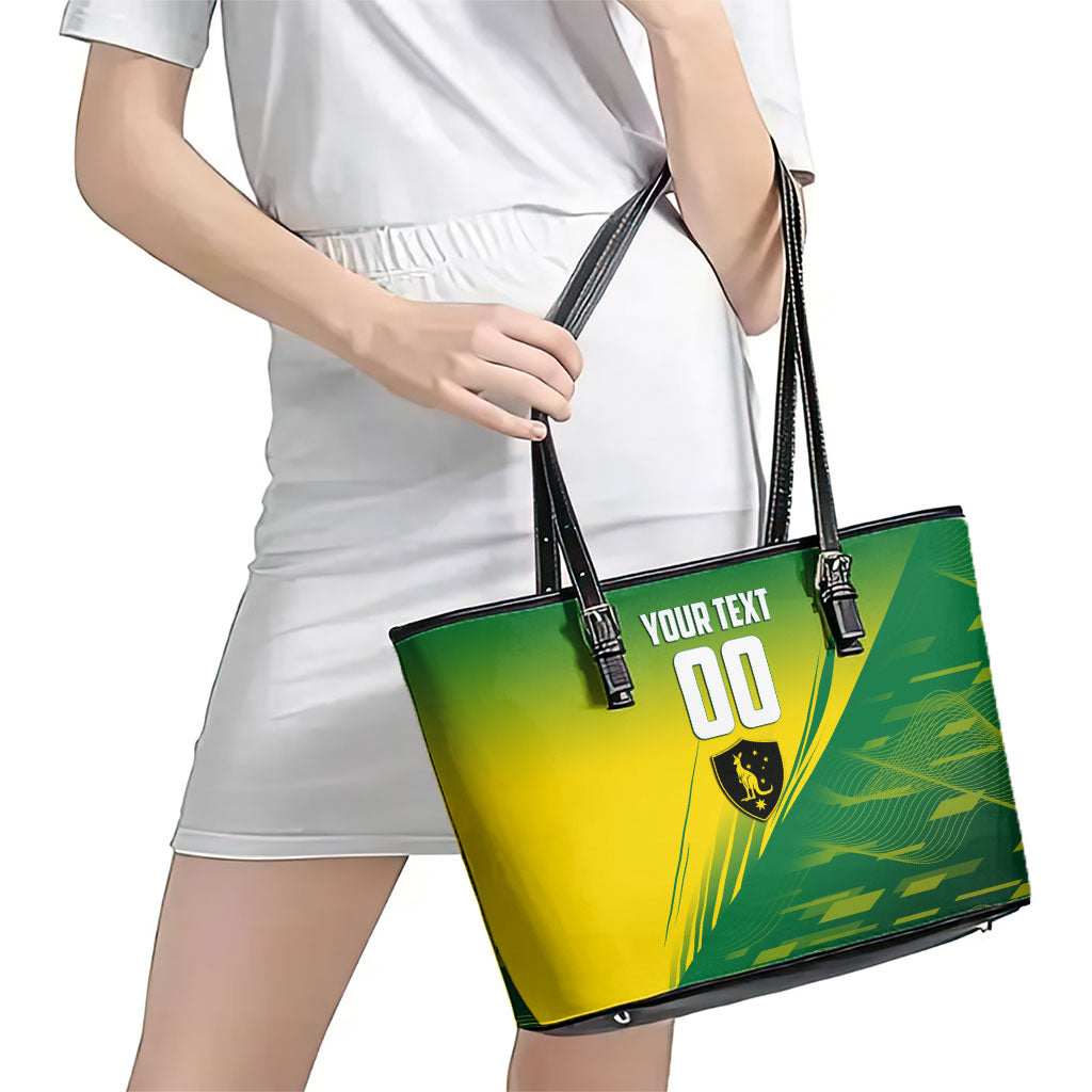 Personalized Socceroos Sport Leather Tote Bag Green Gold Dynamic Wave Pattern