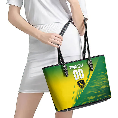 Personalized Socceroos Sport Leather Tote Bag Green Gold Dynamic Wave Pattern