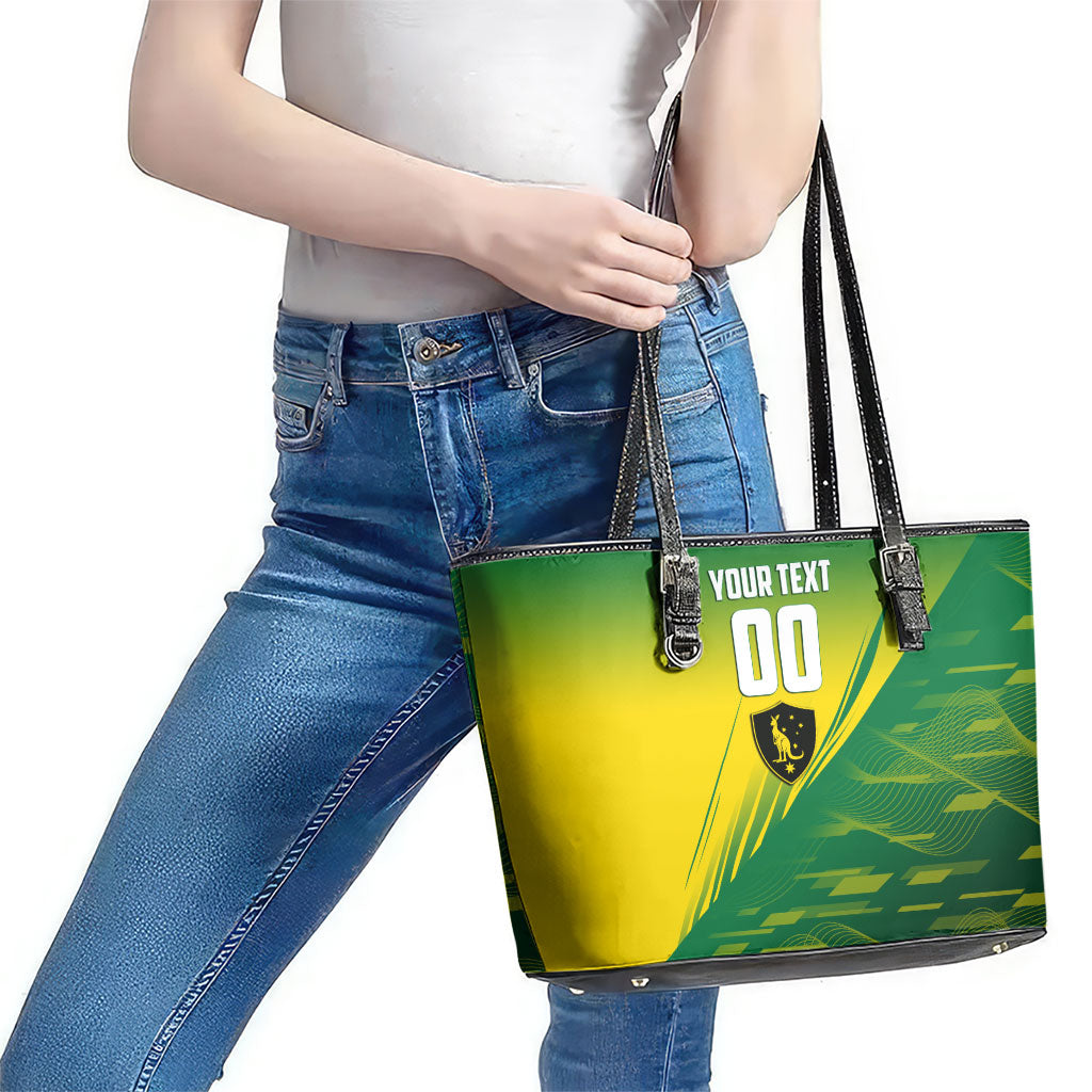 Personalized Socceroos Sport Leather Tote Bag Green Gold Dynamic Wave Pattern