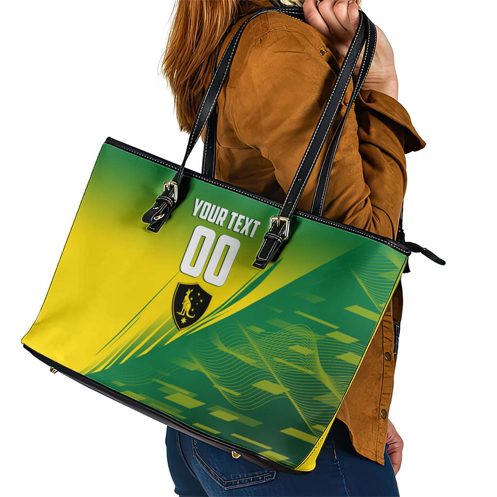 Personalized Socceroos Sport Leather Tote Bag Green Gold Dynamic Wave Pattern