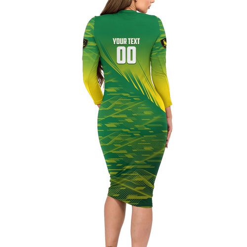 Personalized Socceroos Sport Long Sleeve Bodycon Dress Green Gold Dynamic Wave Pattern
