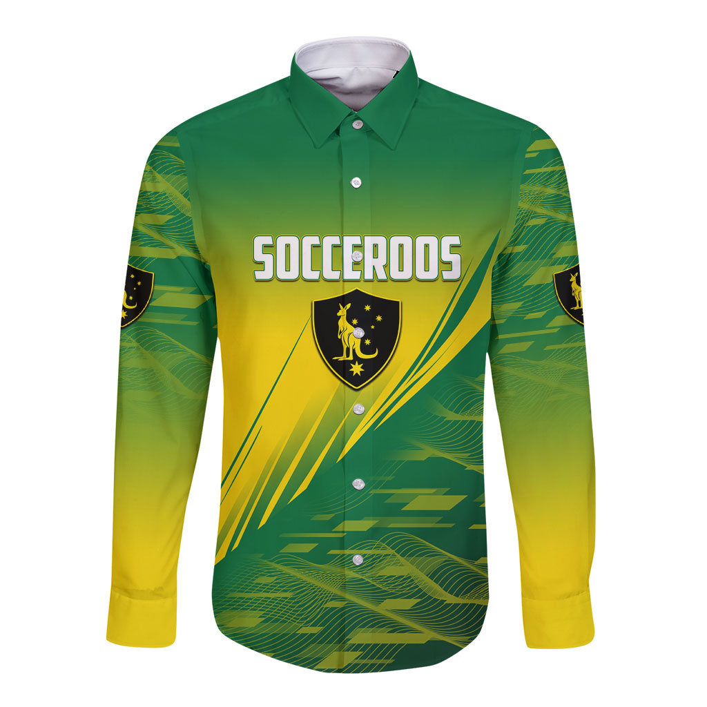 Personalized Socceroos Sport Long Sleeve Button Shirt Green Gold Dynamic Wave Pattern