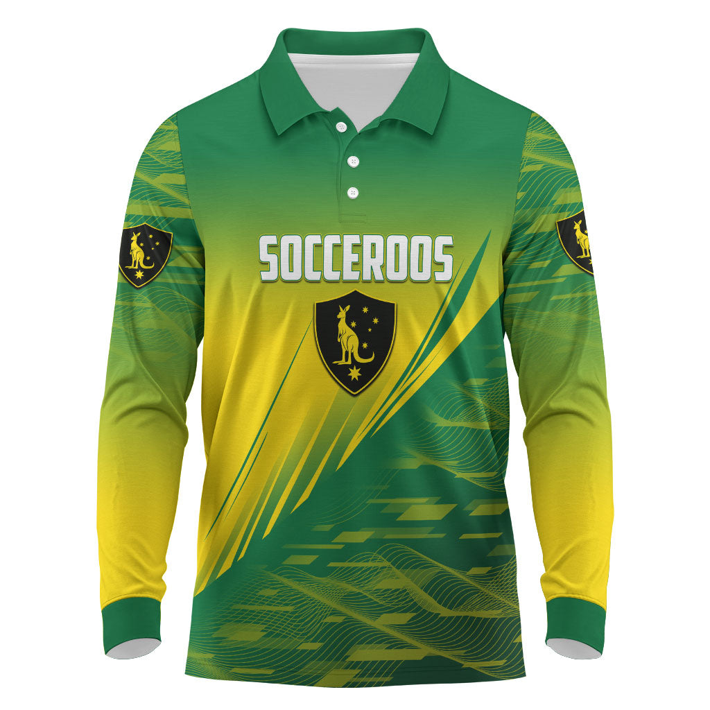 Personalized Socceroos Sport Long Sleeve Polo Shirt Green Gold Dynamic Wave Pattern