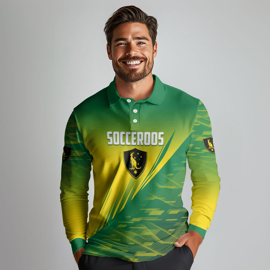 Personalized Socceroos Sport Long Sleeve Polo Shirt Green Gold Dynamic Wave Pattern