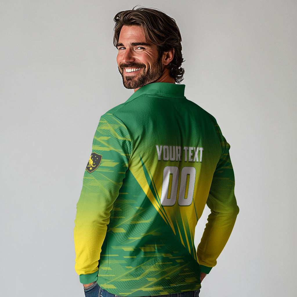 Personalized Socceroos Sport Long Sleeve Polo Shirt Green Gold Dynamic Wave Pattern