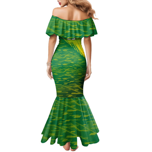 Personalized Socceroos Sport Mermaid Dress Green Gold Dynamic Wave Pattern