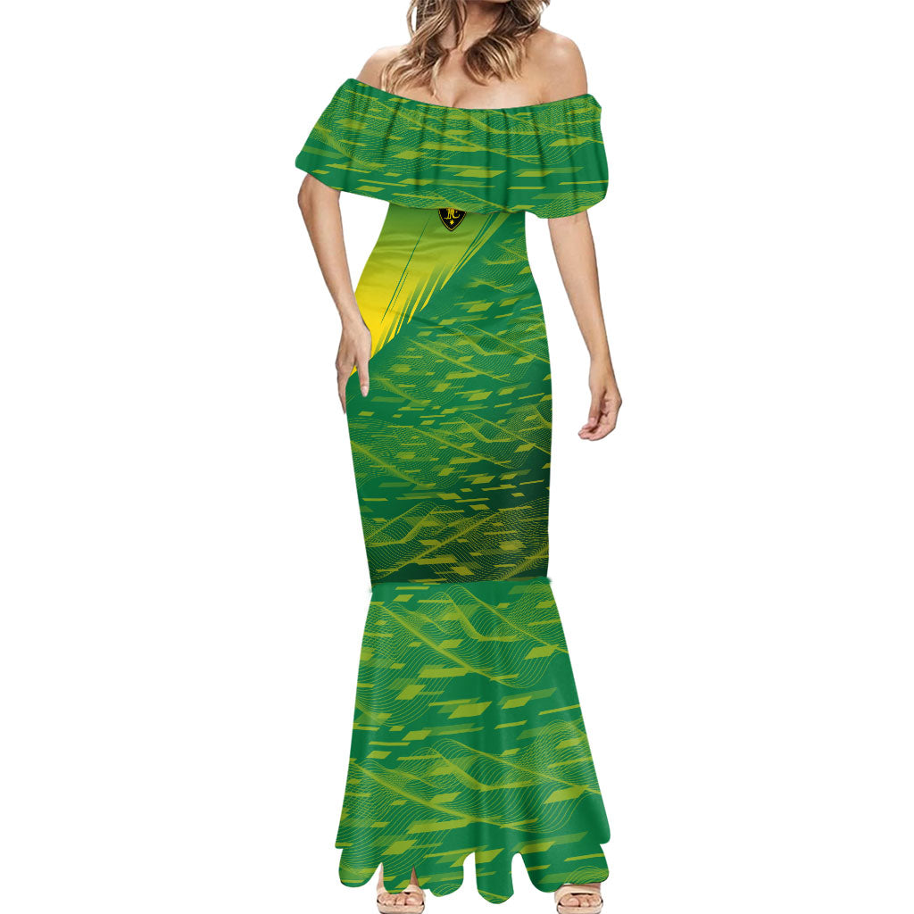 Personalized Socceroos Sport Mermaid Dress Green Gold Dynamic Wave Pattern