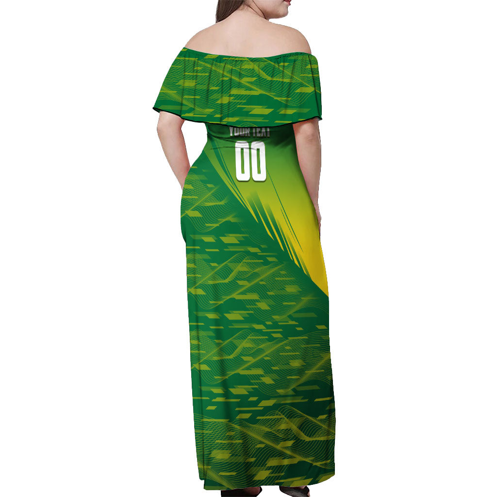 Personalized Socceroos Sport Off Shoulder Maxi Dress Green Gold Dynamic Wave Pattern