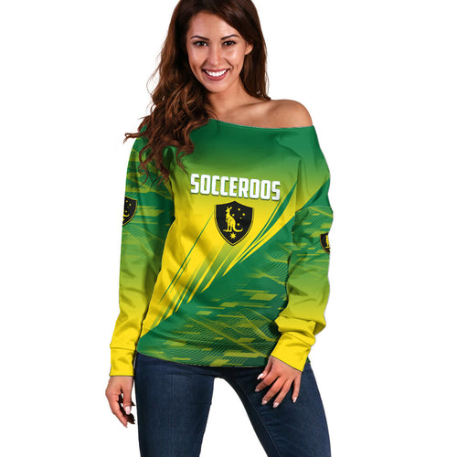 Personalized Socceroos Sport Off Shoulder Sweater Green Gold Dynamic Wave Pattern