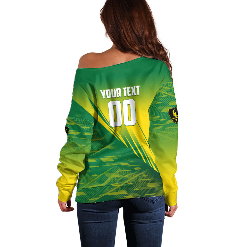 Personalized Socceroos Sport Off Shoulder Sweater Green Gold Dynamic Wave Pattern