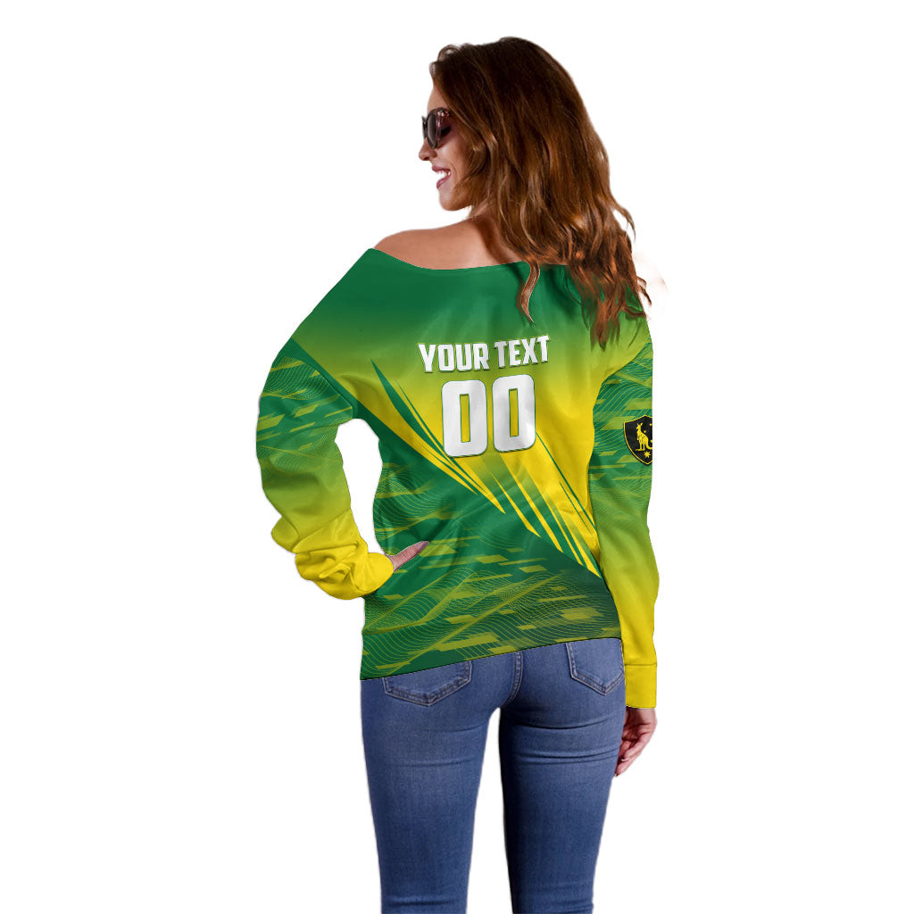 Personalized Socceroos Sport Off Shoulder Sweater Green Gold Dynamic Wave Pattern