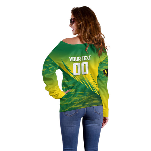 Personalized Socceroos Sport Off Shoulder Sweater Green Gold Dynamic Wave Pattern