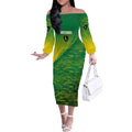 Personalized Socceroos Sport Off The Shoulder Long Sleeve Dress Green Gold Dynamic Wave Pattern