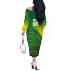 Personalized Socceroos Sport Off The Shoulder Long Sleeve Dress Green Gold Dynamic Wave Pattern