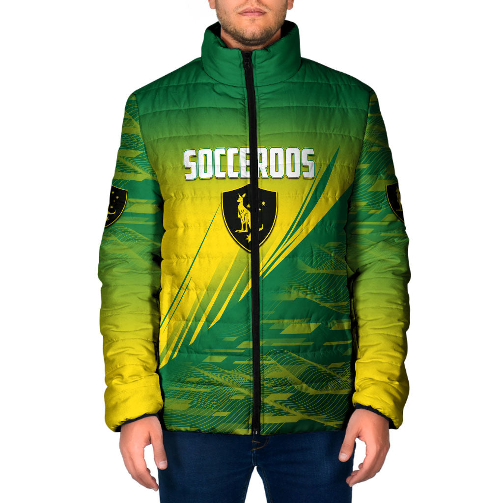 Personalized Socceroos Sport Padded Jacket Green Gold Dynamic Wave Pattern