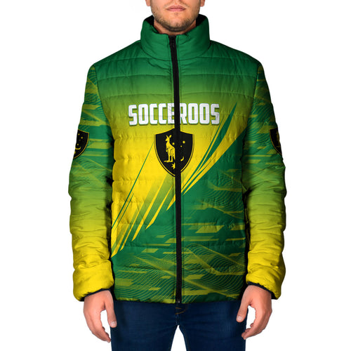 Personalized Socceroos Sport Padded Jacket Green Gold Dynamic Wave Pattern