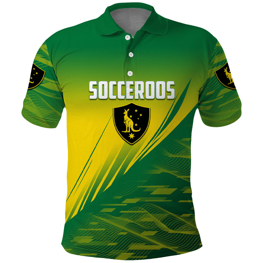 Personalized Socceroos Sport Polo Shirt Green Gold Dynamic Wave Pattern
