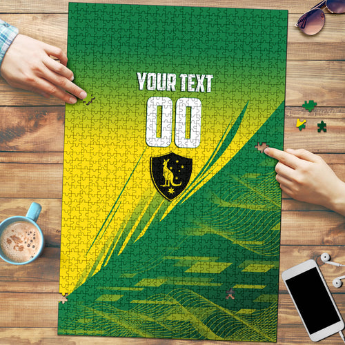 Personalized Socceroos Sport Puzzle Green Gold Dynamic Wave Pattern