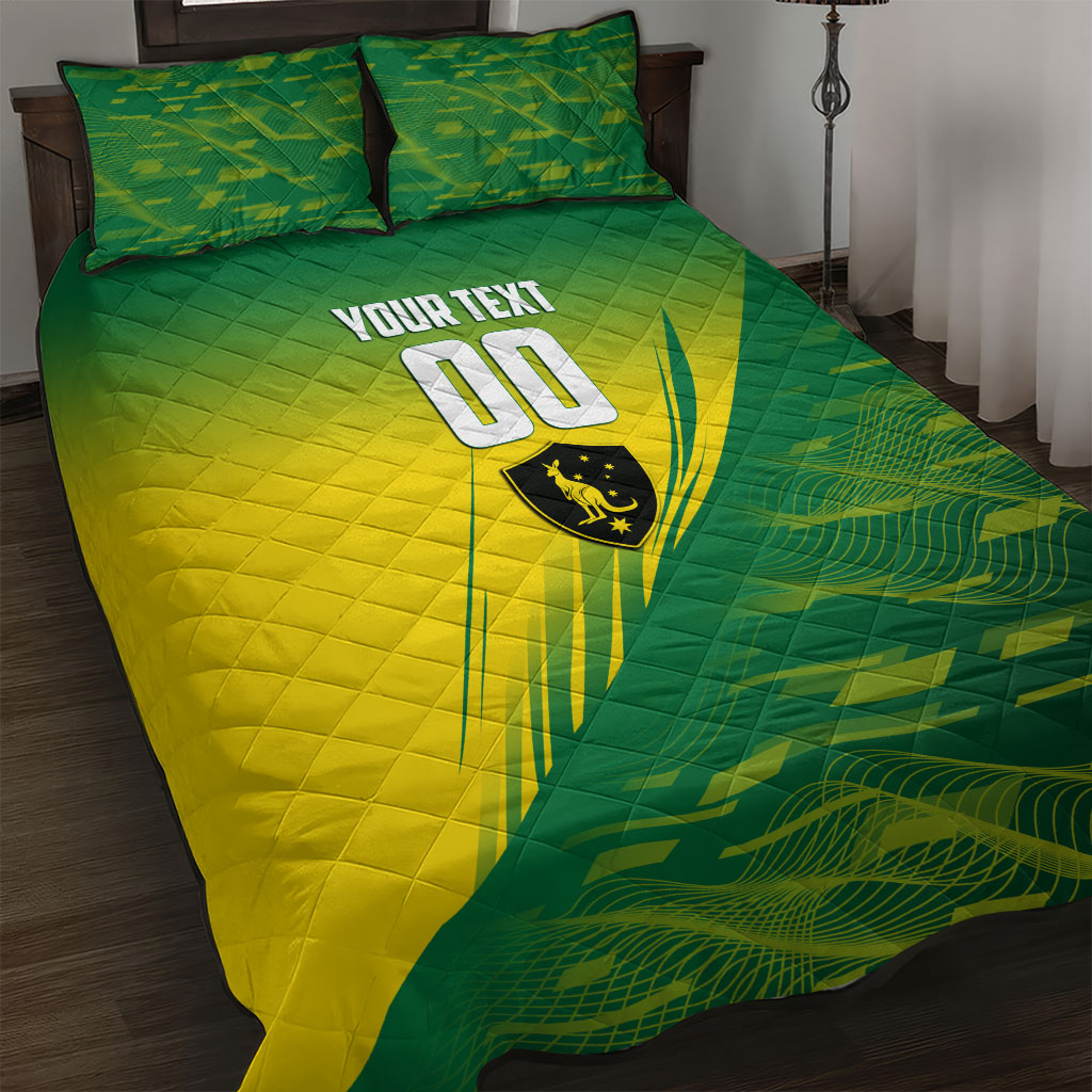 Personalized Socceroos Sport Quilt Bed Set Green Gold Dynamic Wave Pattern