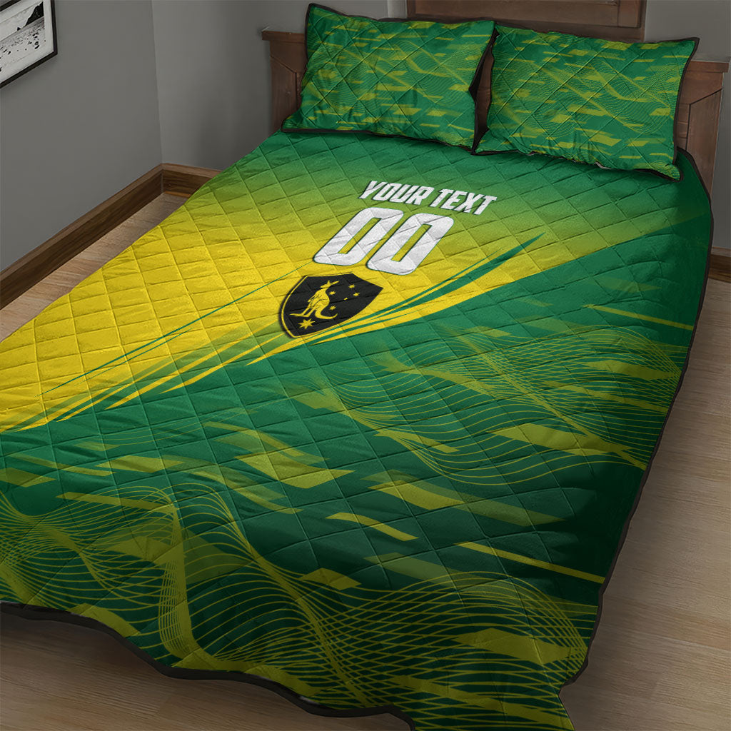 Personalized Socceroos Sport Quilt Bed Set Green Gold Dynamic Wave Pattern