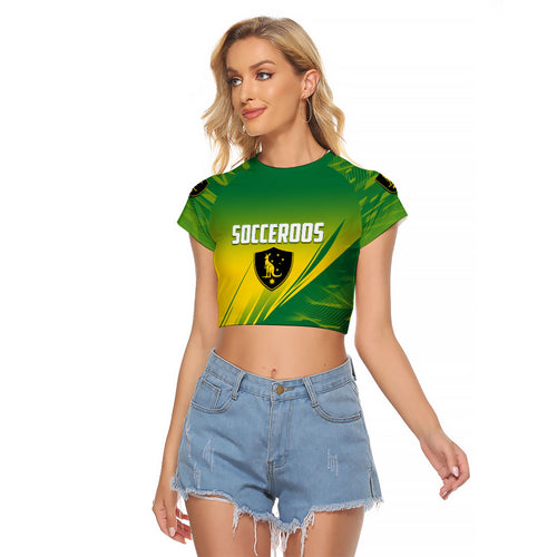 Personalized Socceroos Sport Raglan Cropped T Shirt Green Gold Dynamic Wave Pattern