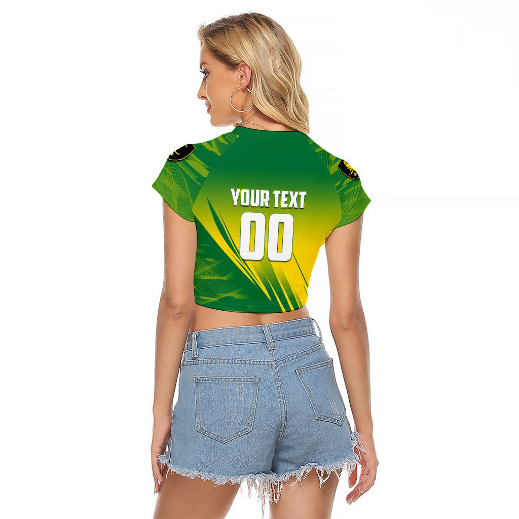 Personalized Socceroos Sport Raglan Cropped T Shirt Green Gold Dynamic Wave Pattern