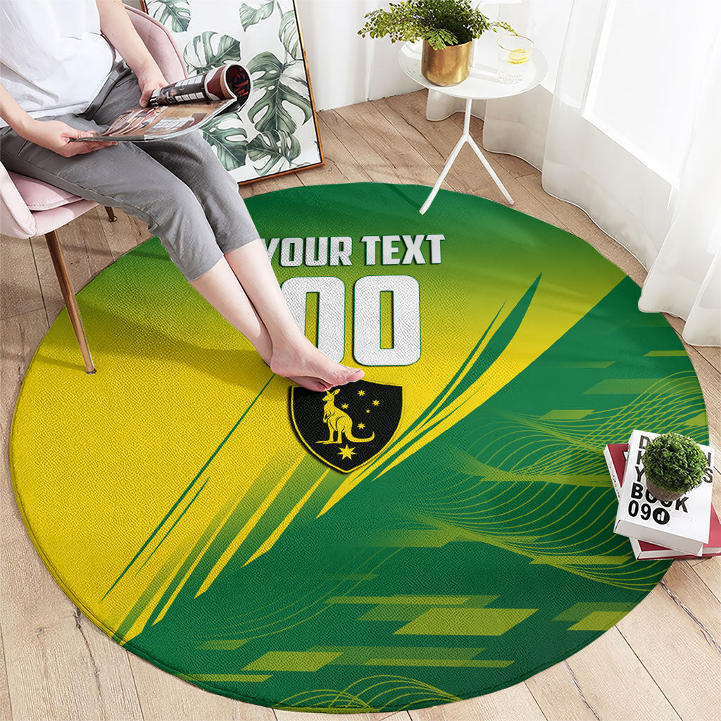 Personalized Socceroos Sport Round Carpet Green Gold Dynamic Wave Pattern