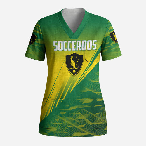 Personalized Socceroos Sport Scrub Top Green Gold Dynamic Wave Pattern