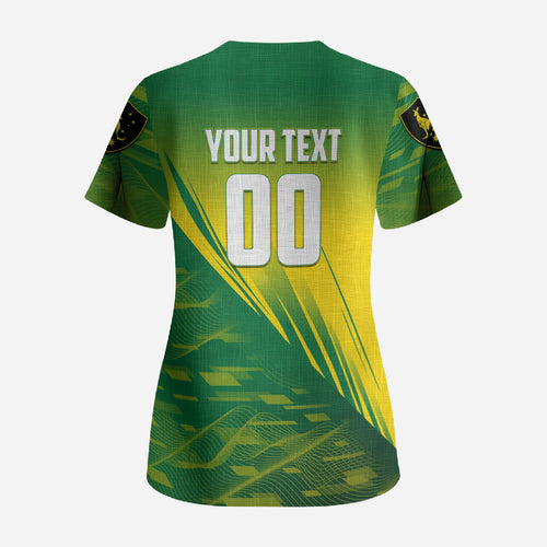 Personalized Socceroos Sport Scrub Top Green Gold Dynamic Wave Pattern