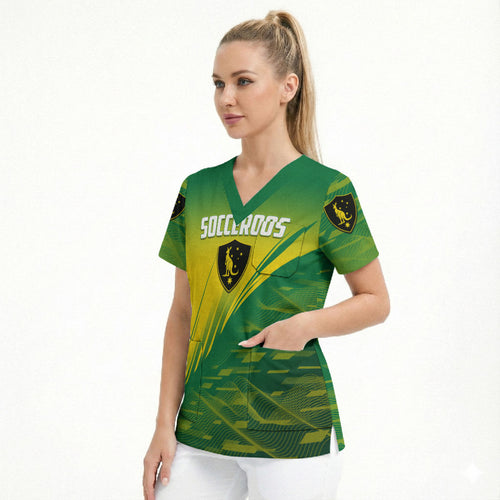 Personalized Socceroos Sport Scrub Top Green Gold Dynamic Wave Pattern