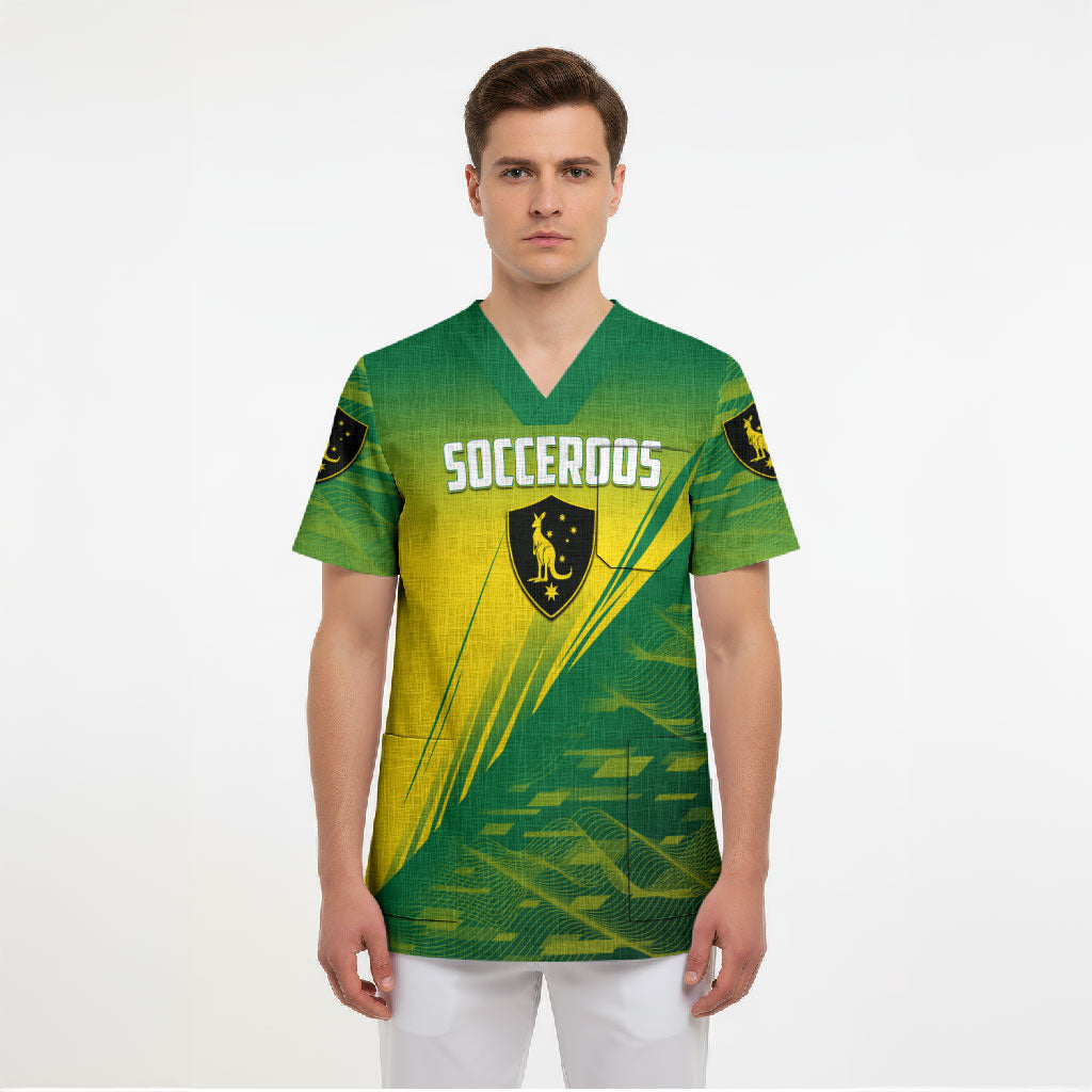Personalized Socceroos Sport Scrub Top Green Gold Dynamic Wave Pattern