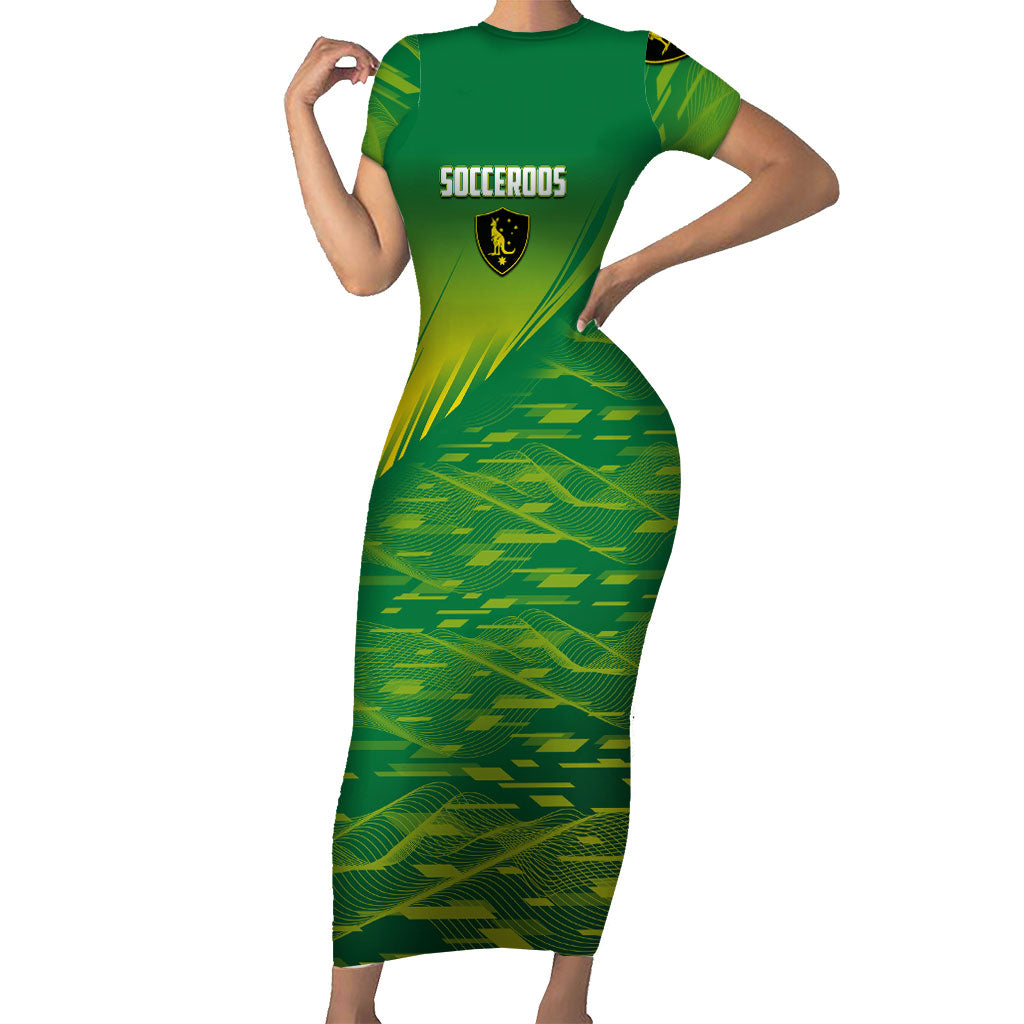 Personalized Socceroos Sport Short Sleeve Bodycon Dress Green Gold Dynamic Wave Pattern