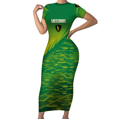 Personalized Socceroos Sport Short Sleeve Bodycon Dress Green Gold Dynamic Wave Pattern