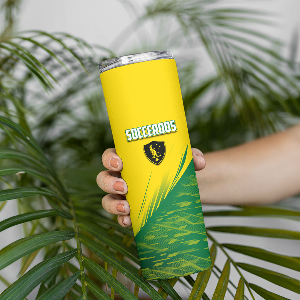 Personalized Socceroos Sport Skinny Tumbler Green Gold Dynamic Wave Pattern