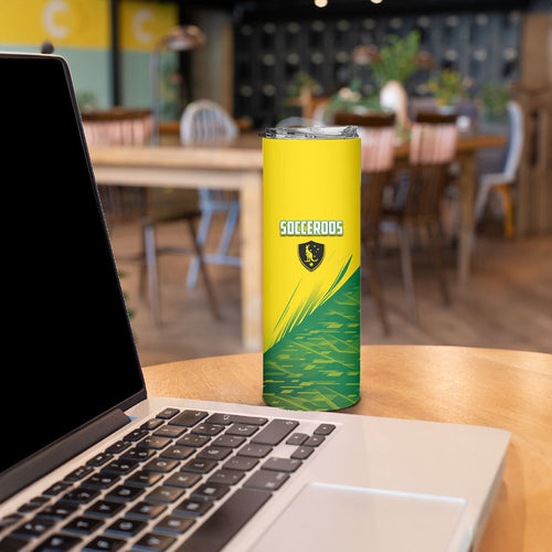Personalized Socceroos Sport Skinny Tumbler Green Gold Dynamic Wave Pattern