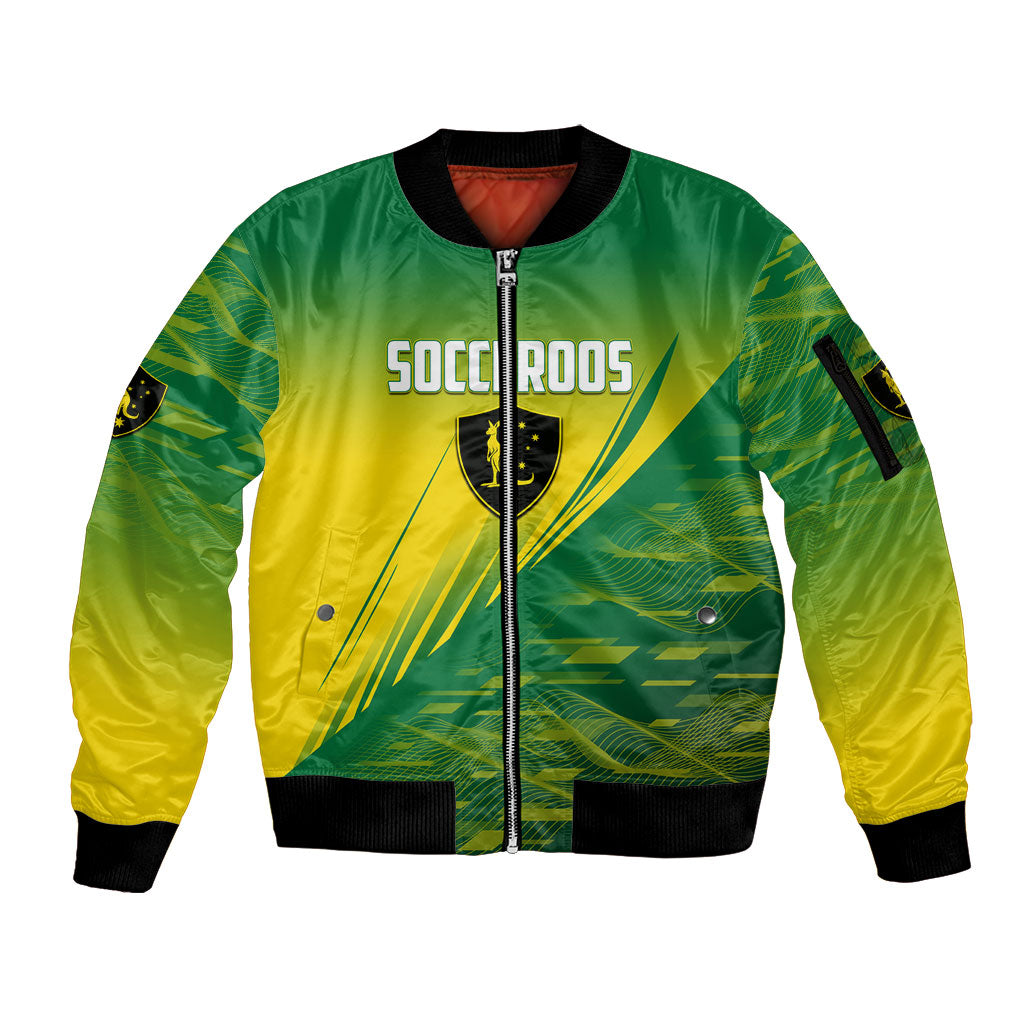 Personalized Socceroos Sport Sleeve Zip Bomber Jacket Green Gold Dynamic Wave Pattern