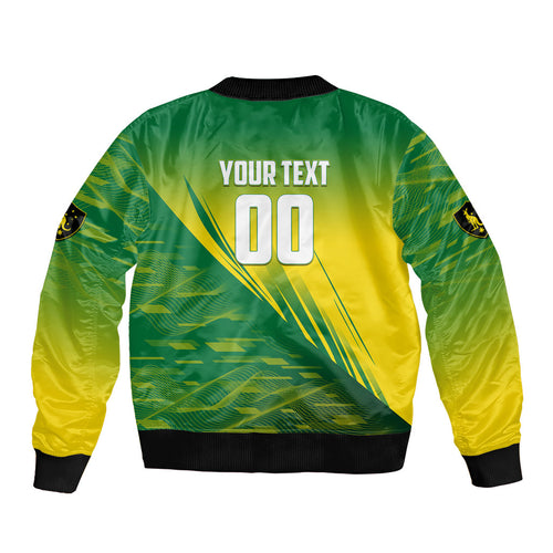 Personalized Socceroos Sport Sleeve Zip Bomber Jacket Green Gold Dynamic Wave Pattern