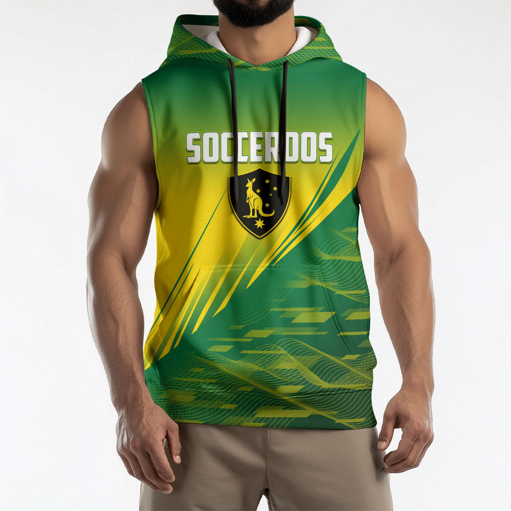 Personalized Socceroos Sport Sleeveless Hoodie Green Gold Dynamic Wave Pattern