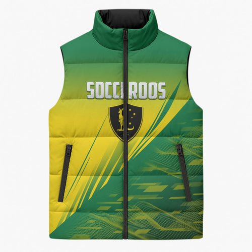 Personalized Socceroos Sport Sleeveless Puffer Jacket Green Gold Dynamic Wave Pattern