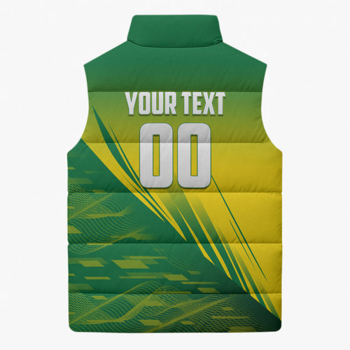 Personalized Socceroos Sport Sleeveless Puffer Jacket Green Gold Dynamic Wave Pattern