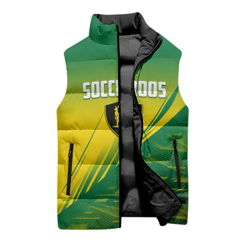 Personalized Socceroos Sport Sleeveless Puffer Jacket Green Gold Dynamic Wave Pattern