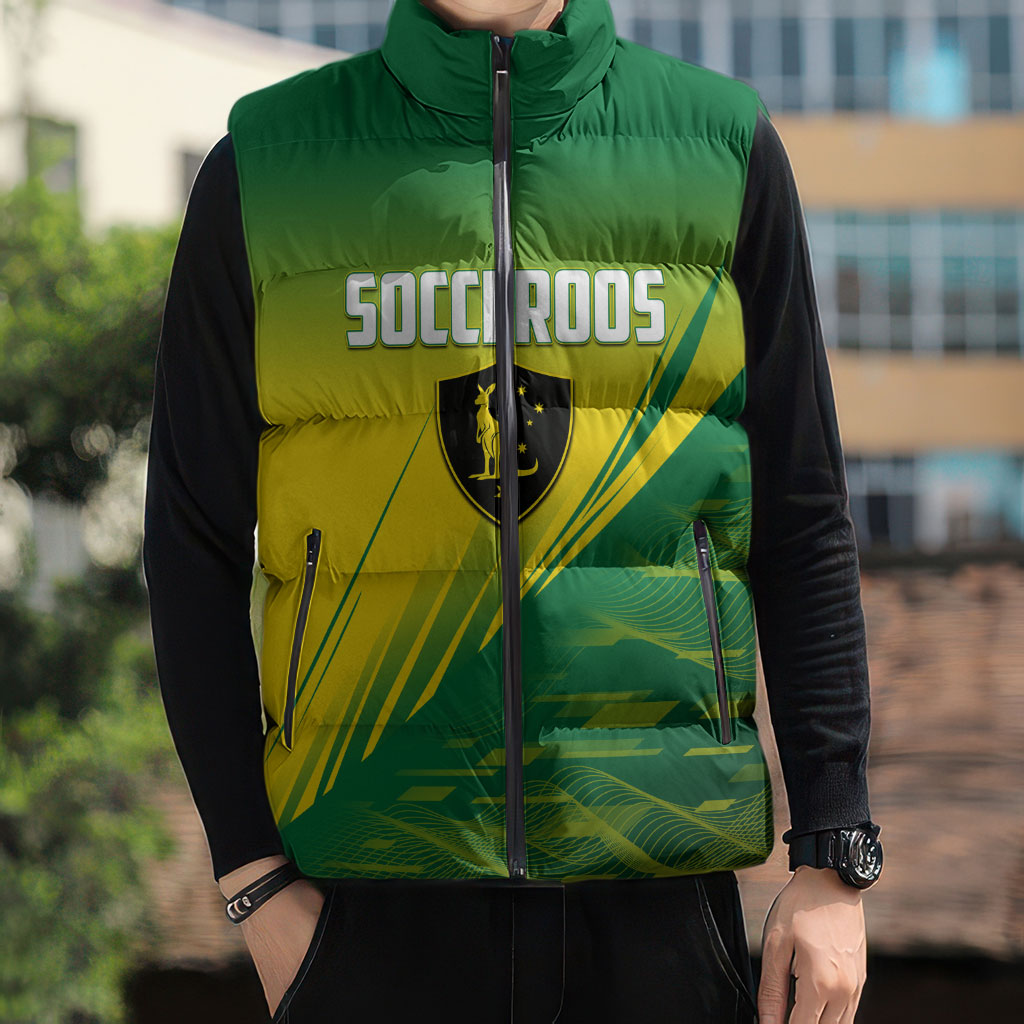 Personalized Socceroos Sport Sleeveless Puffer Jacket Green Gold Dynamic Wave Pattern