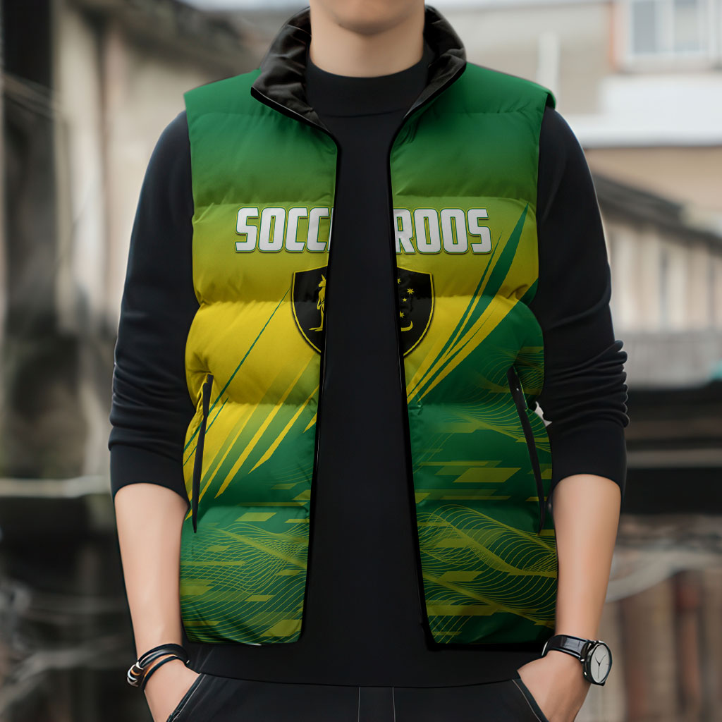 Personalized Socceroos Sport Sleeveless Puffer Jacket Green Gold Dynamic Wave Pattern